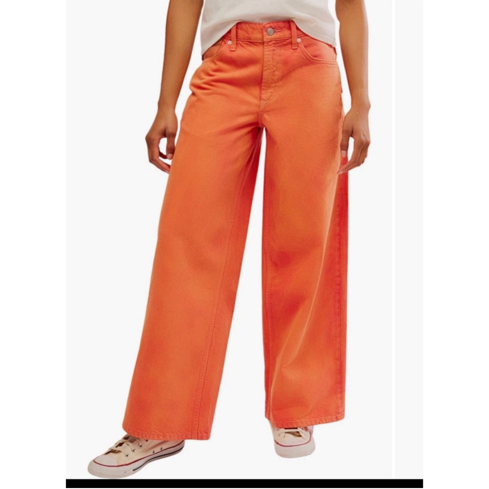 Free People We The Free Waterfalls Baggy Wide Leg Jeans Orange Size 27 Festive